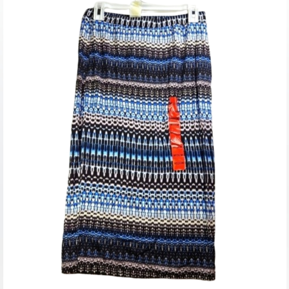 🎁 Matty M Blue Black Abstract Print Straight Pencil Midi Skirt SZ M